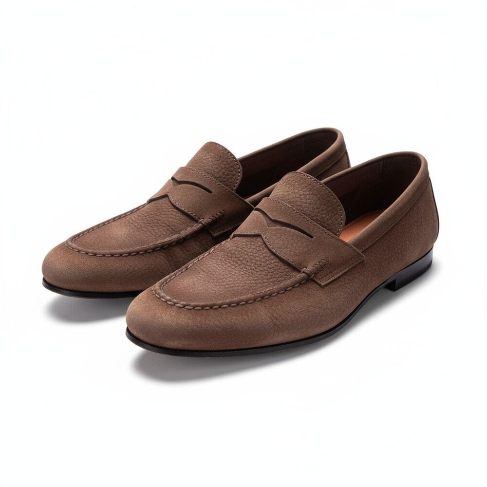 Santoni Loafers Mens Size 13 Brown Goodyear Suede Leather Grain NFC Shoes Italy